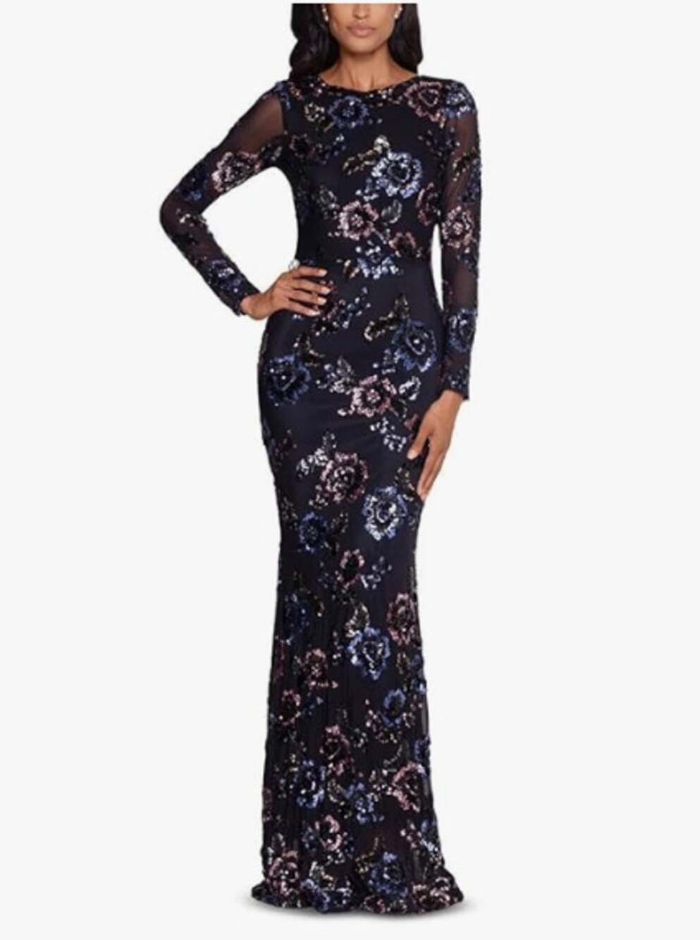 BETSY & ADAM Long Long Sleeve Floral Sequin Gown Size 12 Black & Teal NWT